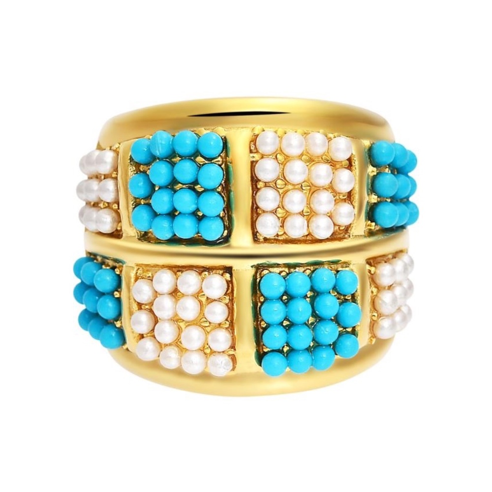 Gold Tone Stately Steel Turquoise and Simulated Pearl Ring